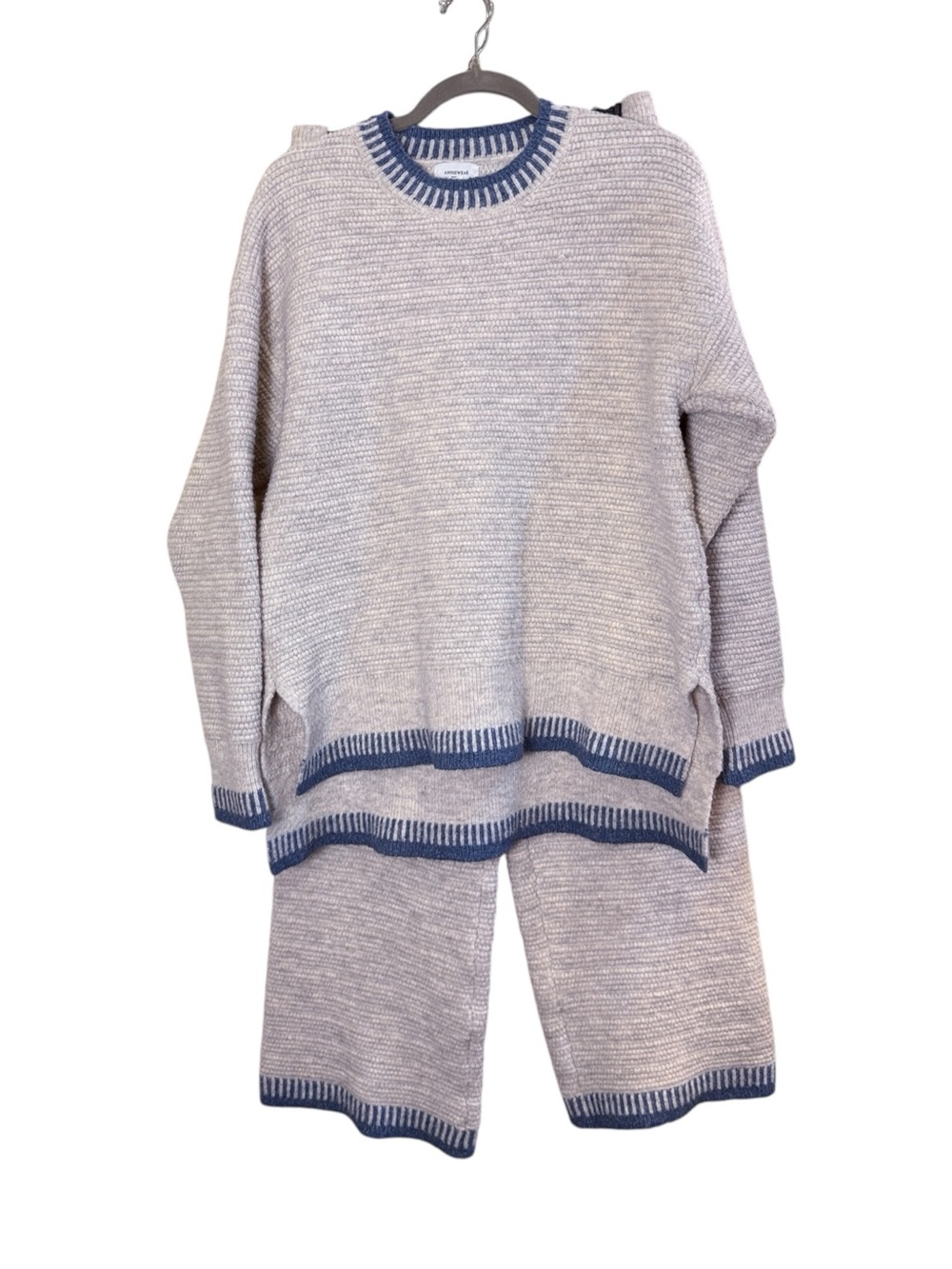 Anniewear Los Angeles Cozy Light Gray Blue-Trim Knit Sweater Loungewear Set sz M